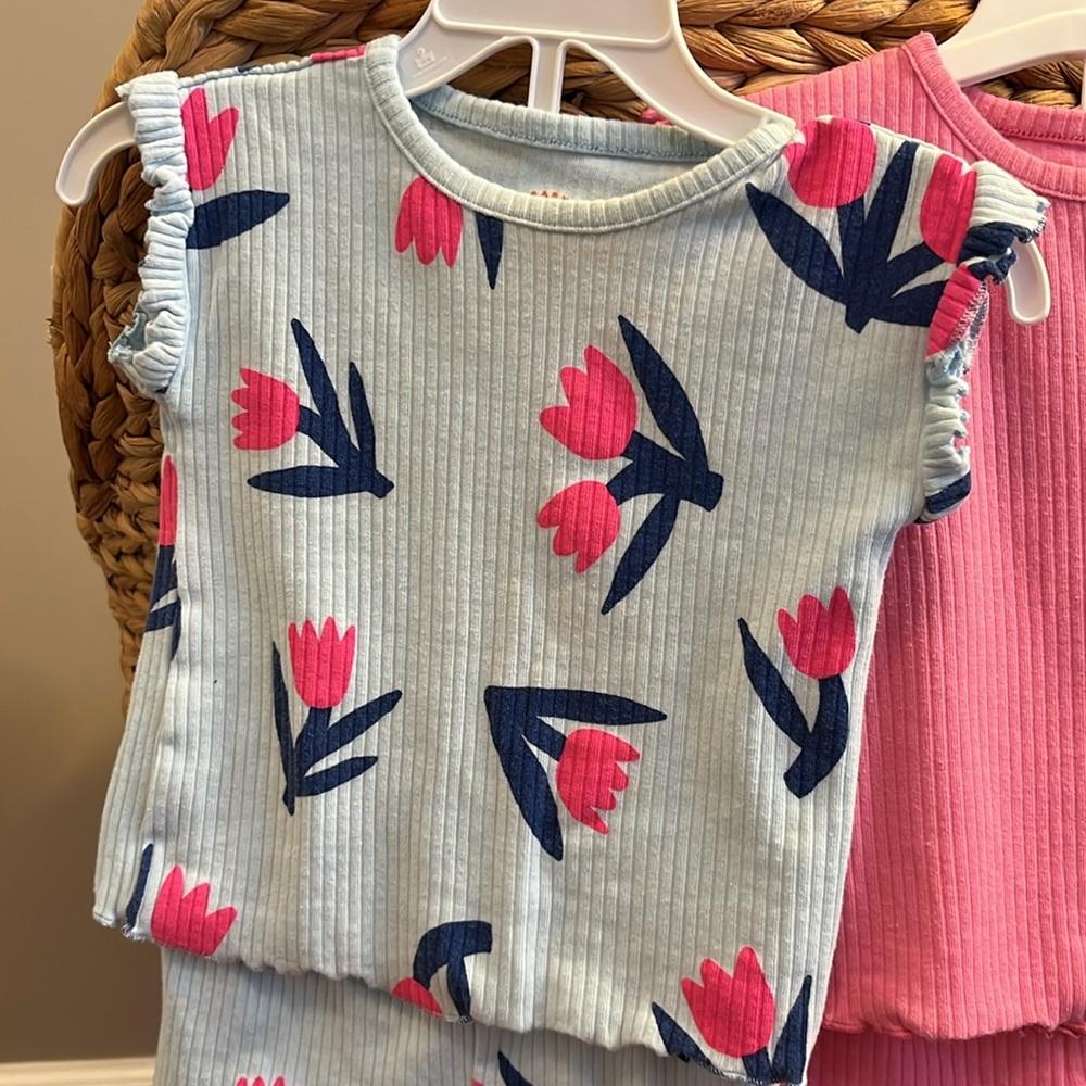 (2) Cat & Jack Baby Girl Ribbed Floral and Pink 2 Piece Short Sets 6-9M - Picture 3 of 7